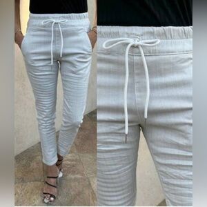 Bevy Flog Shely Drawstring Pant White Platinum Silver Metallic Herringbone Sz 27